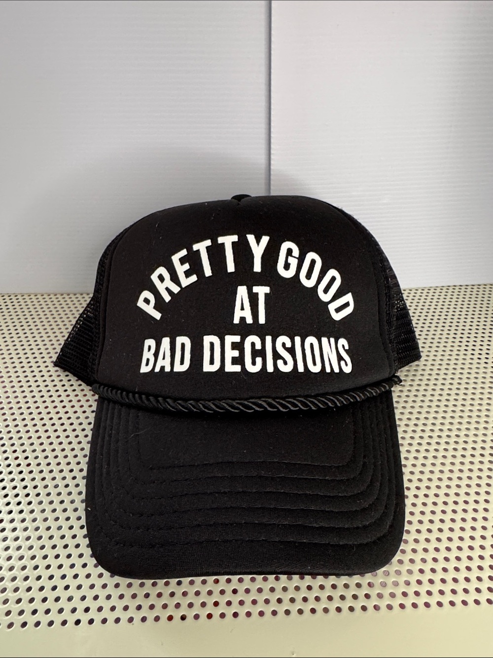 Pretty Good At Bad Decisions Black Trucker Hat
